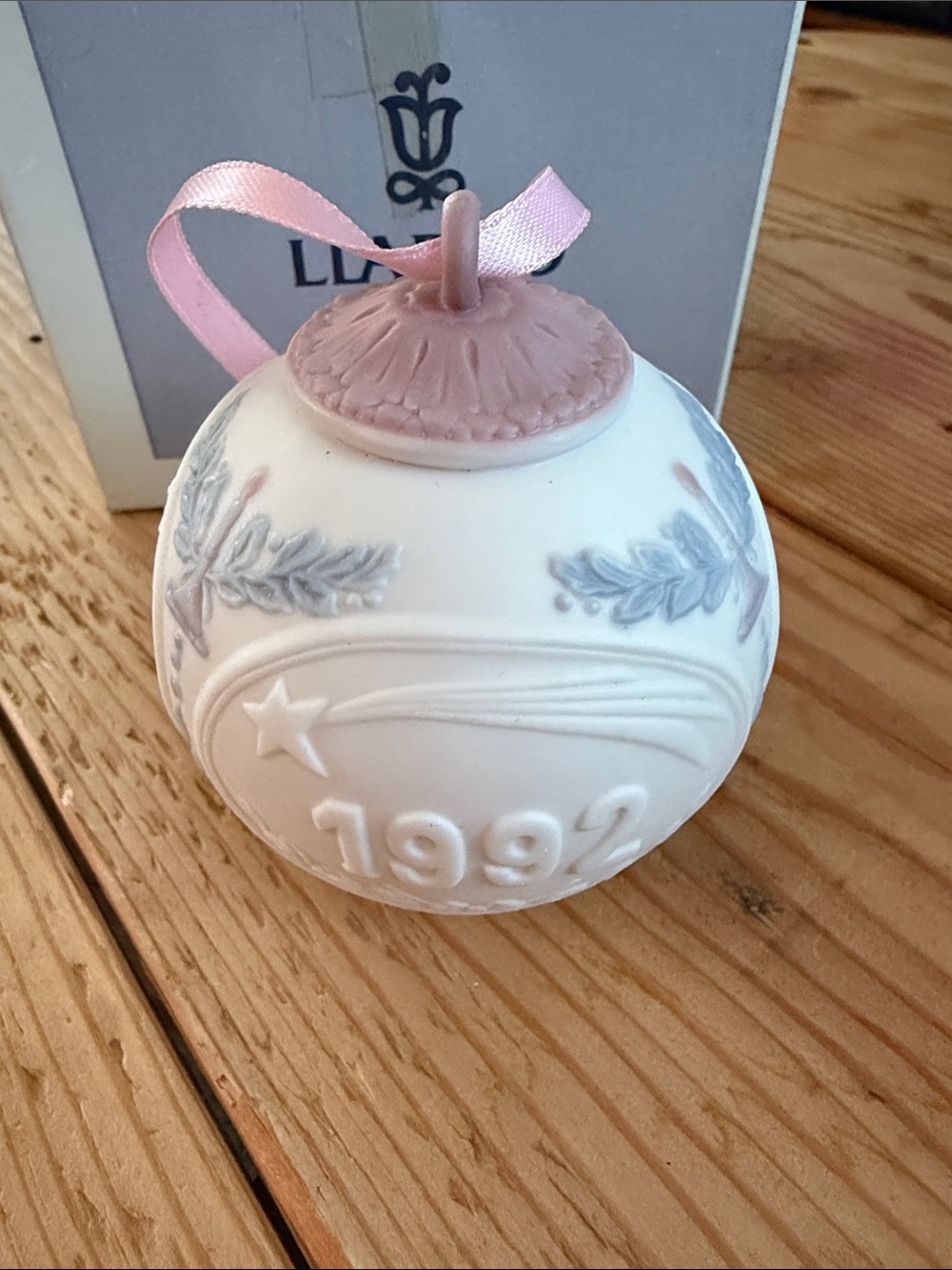 Lladro White Porcelain Holiday Ornament with Pink Top & Ribbon